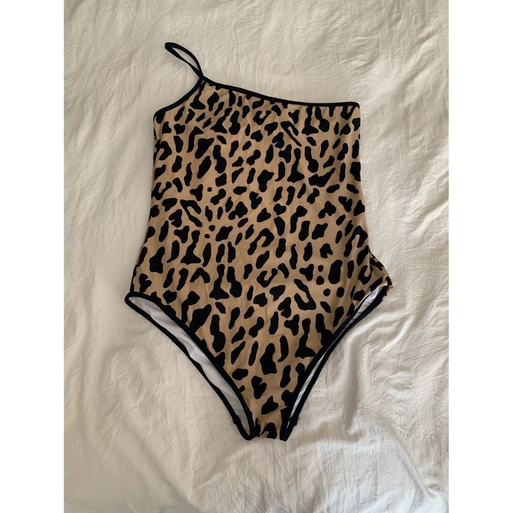 DVF West Women Leopard Print One Shoulder One Piece Swimsuit Tan Black L